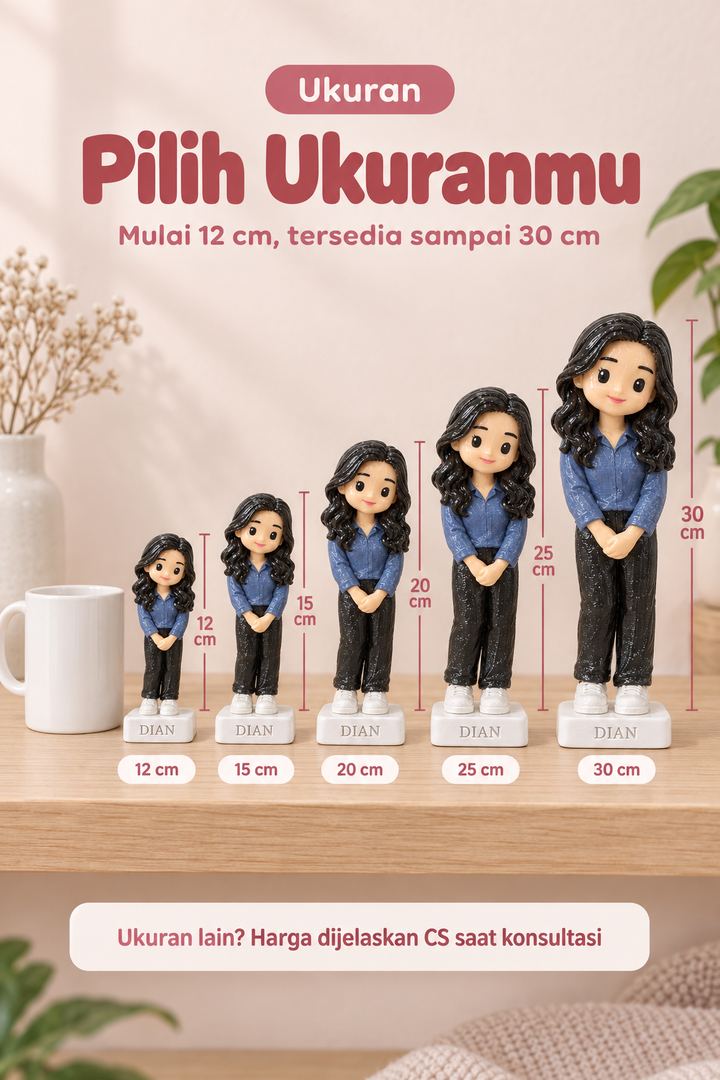 Pilih ukuran chibi — 12, 15, 20, 25, sampai 30 cm
